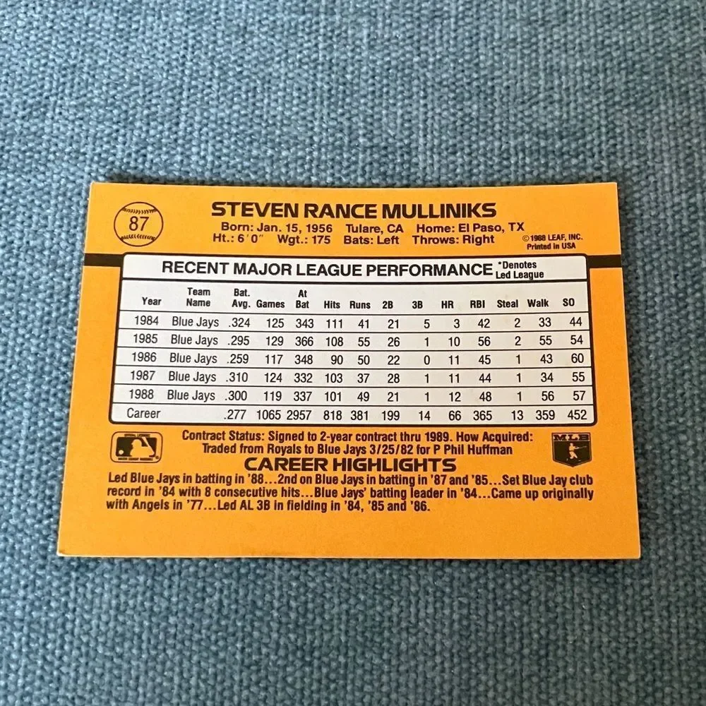 1989 Donruss Toronto Blue Jays Baseball Card Trading Card